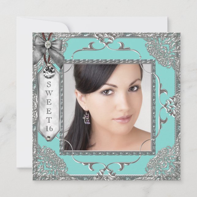 Elegant Teal Blue and Silver Sweet 16 Party Invitation (Front)