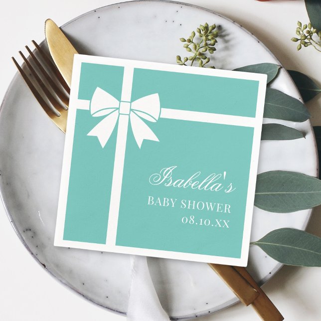 Elegant Teal Blue And White Ribbon Bow Baby Shower Napkin (Creator Uploaded)