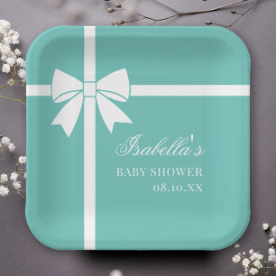 Elegant Teal Blue And White Ribbon Bow Baby Shower Paper Plate