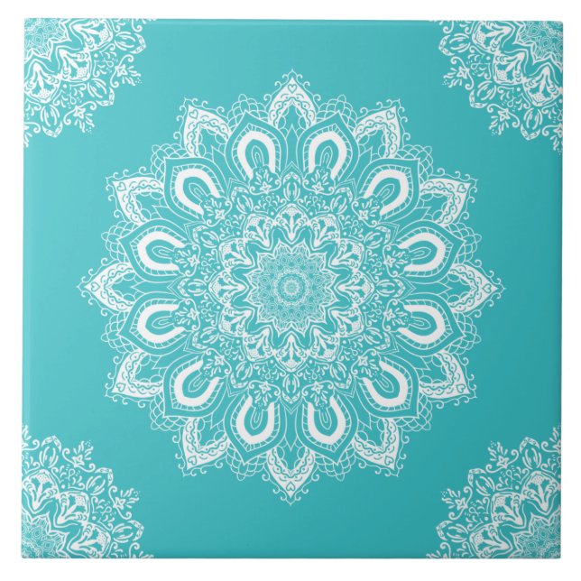Elegant Teal Blue Aqua Boho Chic Mandala Tile (Front)