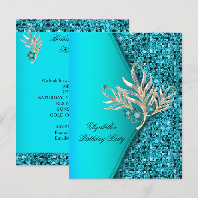 Elegant Teal Blue Aqua Glitter Birthday Party Invitation (Front/Back)