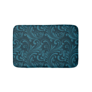 Elegant Teal Blue Baroque Floral Pattern Bath Mat