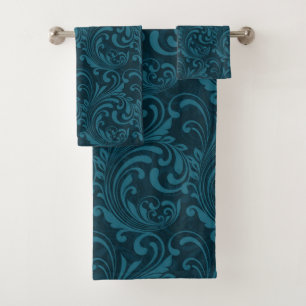 Elegant Teal Blue Baroque Floral Pattern  Bath Towel Set