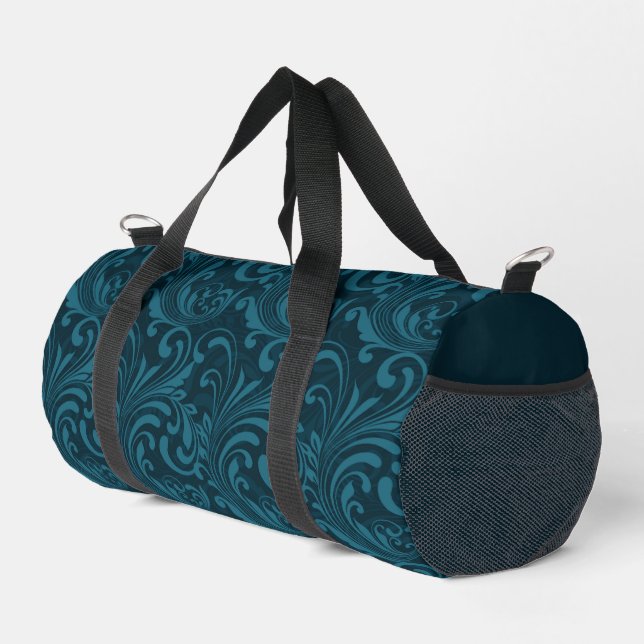 Elegant Teal Blue Baroque Floral Pattern  Duffle Bag (Right Corner)