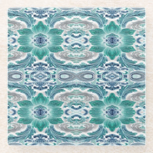 Elegant Teal & Blue Baroque Floral Pattern Glass Coaster