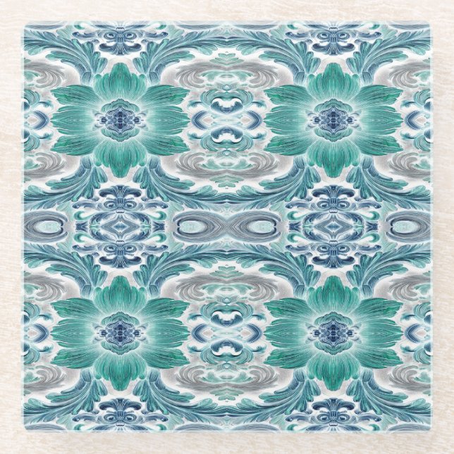 Elegant Teal & Blue Baroque Floral Pattern Glass Coaster (Front)
