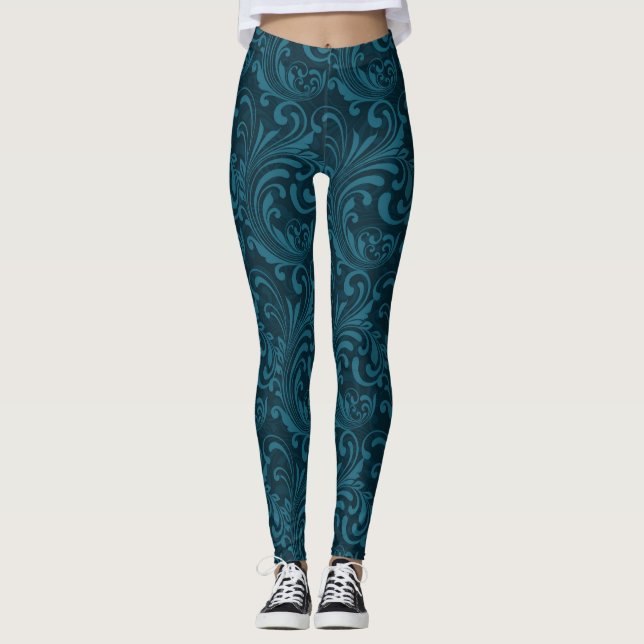 Elegant Teal Blue Baroque Floral Pattern  Leggings (Front)