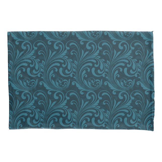 Elegant Teal Blue Baroque Floral Pattern  Pillowcase (Front)