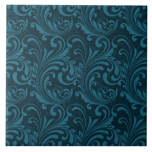 Elegant Teal Blue Baroque Floral Pattern  Tile (Front)