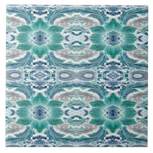 Elegant Teal & Blue Baroque Floral Pattern Tile