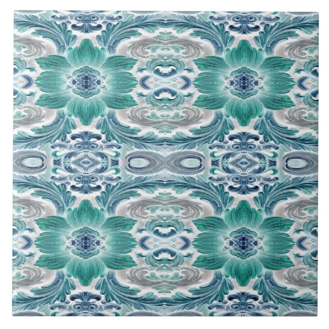 Elegant Teal & Blue Baroque Floral Pattern Tile (Front)