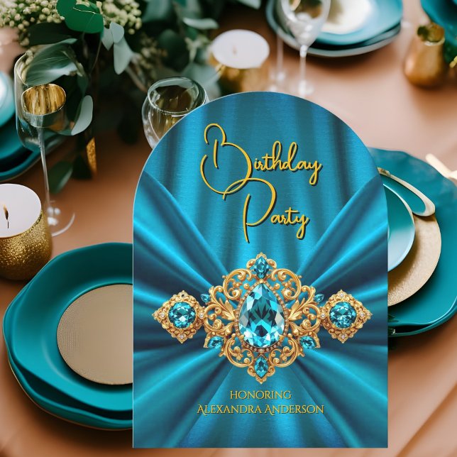 Elegant Teal Blue Birthday Gold Jewel Faux Silk Invitation (Creator Uploaded)