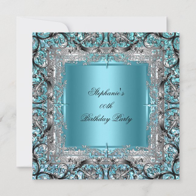 Elegant Teal Blue Birthday Party Silver Black Invitation (Front)