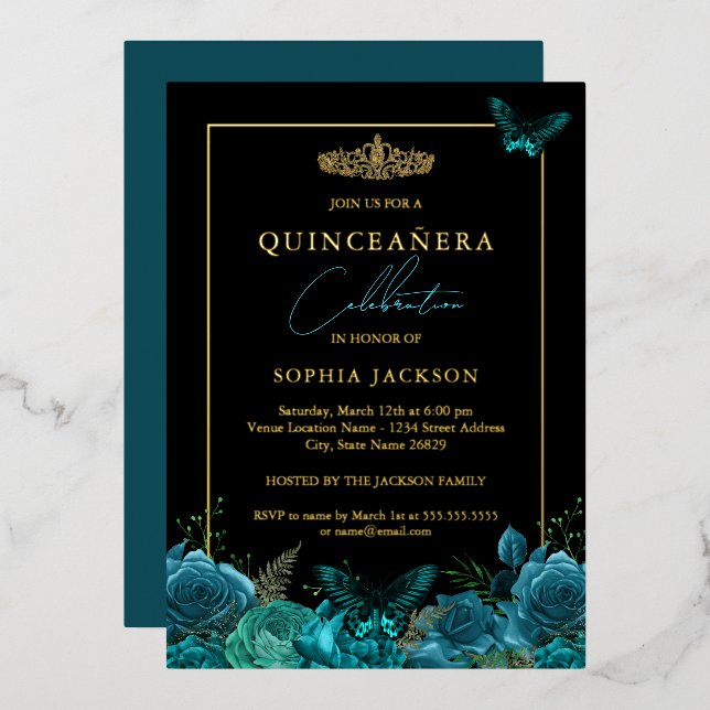 Elegant Teal Blue Black Butterfly Quinceanera (Front/Back)