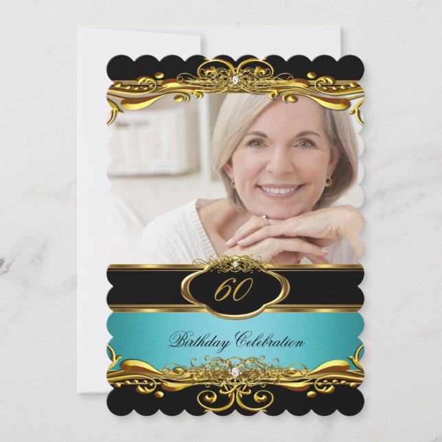 Elegant Teal Blue Black Gold 60th Birthday Party Invitation (Front)