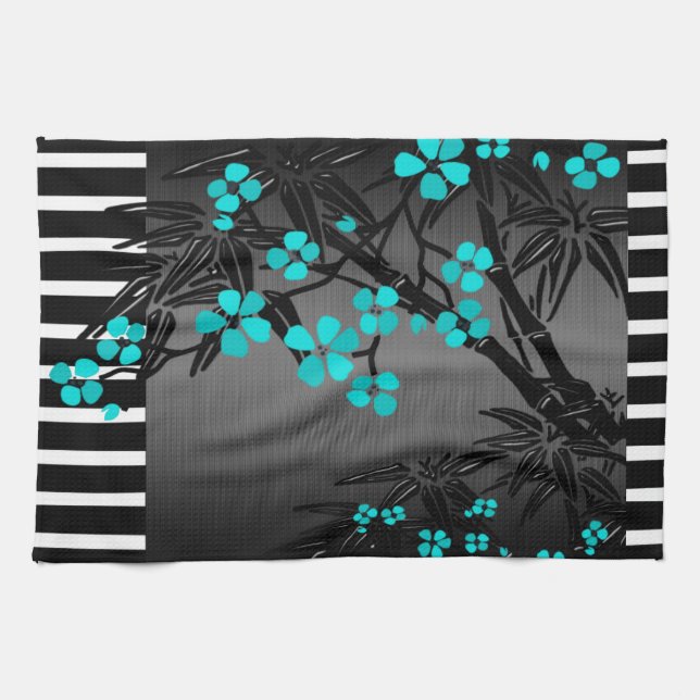Elegant Teal Blue Blossom Black Asian Bamboo Tea Towel (Horizontal)