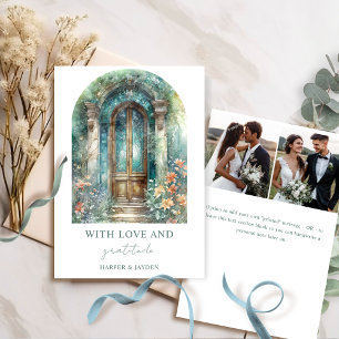 Elegant Teal Blue Botanical Garden Wedding Photo Thank You Card