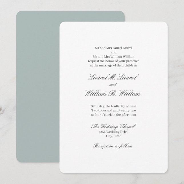 Elegant Teal Blue  Both Parents Wedding Invitation (Front/Back)