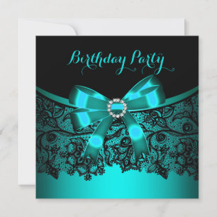 Elegant Teal Blue Bow Black Lace Party 3 Invitation