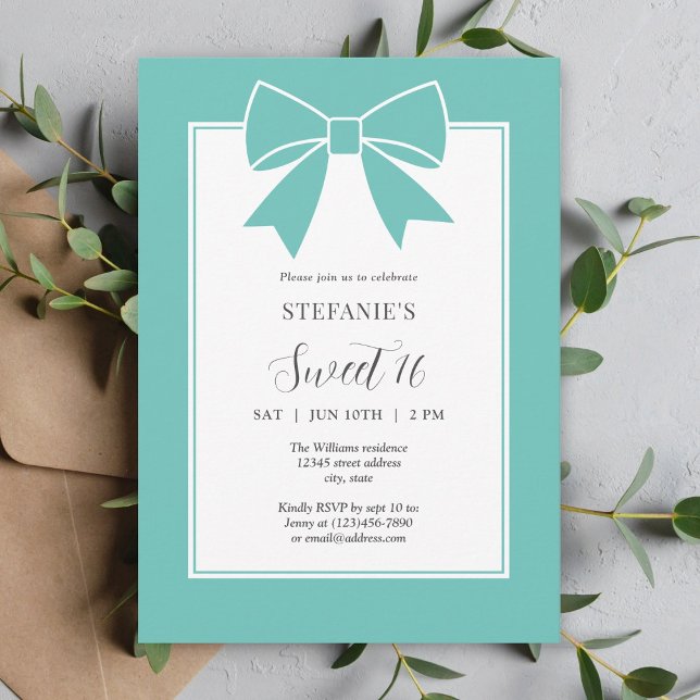 Elegant Teal Blue Bow Sweet 16 Girl Birthday Party Invitation (Creator Uploaded)