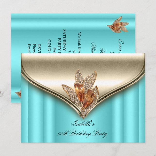 Elegant Teal Blue Bronze Brown Gold Birthday Party Invitation (Front/Back)