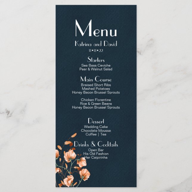 Elegant Teal Blue Burnt Orange Floral Menu (Front)