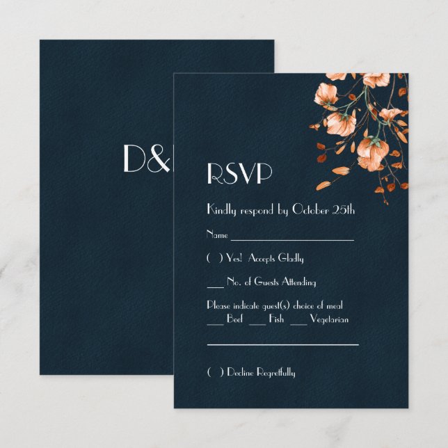 Elegant Teal Blue Burnt Orange Floral RSVP Card (Front/Back)
