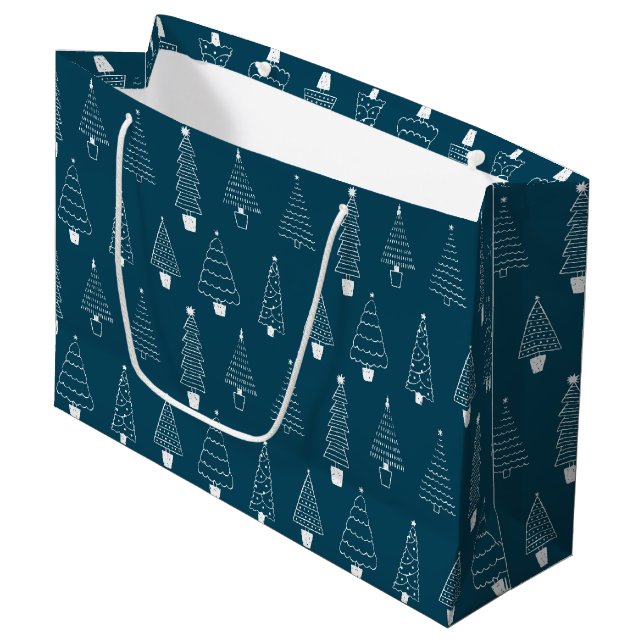 Elegant Teal Blue Christmas Pine Tree pattern Large Gift Bag (Front Angled)