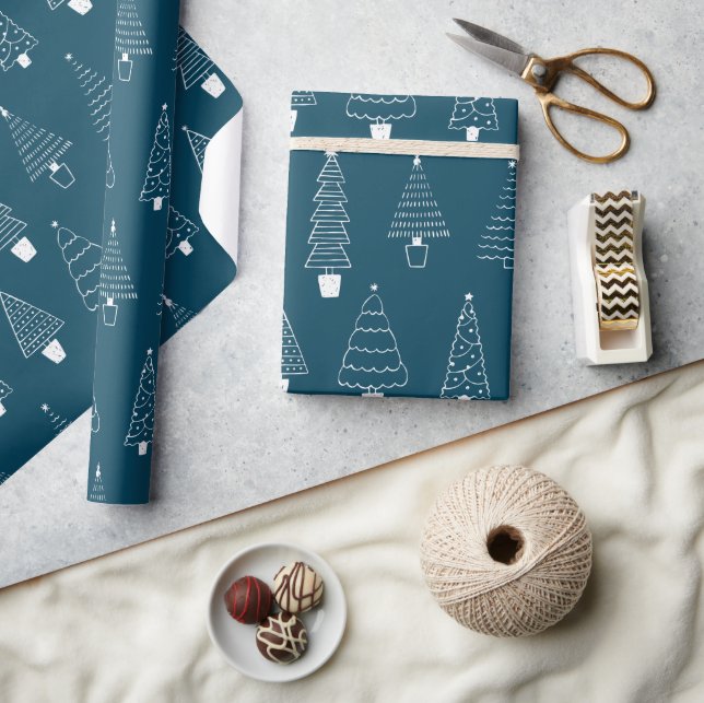 Elegant Teal Blue Christmas Pine Tree pattern Wrapping Paper (Crafts)