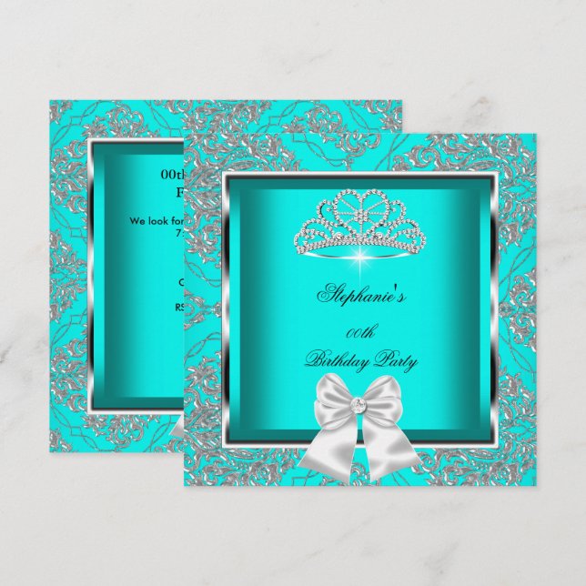 Elegant Teal Blue Damask Silver Birthday Party Invitation (Front/Back)
