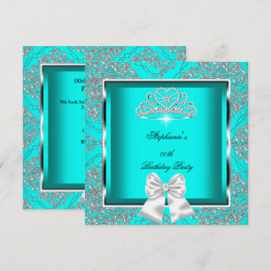 Elegant Teal Blue Damask Silver Birthday Party Invitation