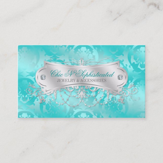 Elegant Teal Blue Damask Swirl Business Card (Front)