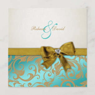 Elegant Teal Blue Damask with diamond bow Invitation