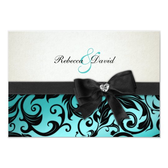 Elegant Teal Blue Damask with diamond RSVP Card