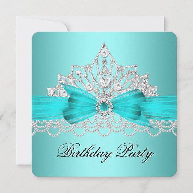 Elegant Teal Blue Diamond Tiara Jewel Pearls 2 Invitation (Front)