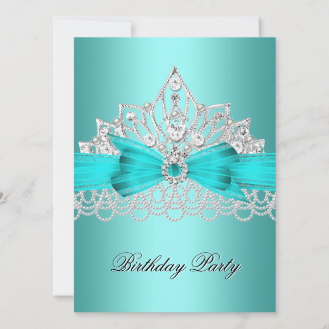 Elegant Teal Blue Diamond Tiara Jewel Pearls 3 Invitation (Front)
