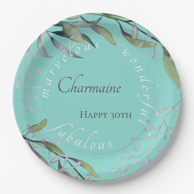 Elegant Teal Blue Eucalyptus Watercolor Birthday Paper Plate (Front)