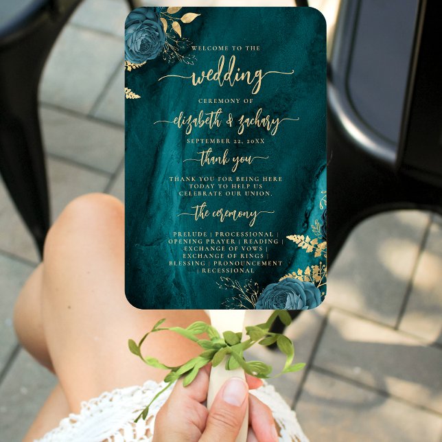 Elegant Teal Blue Floral Agate Wedding Program Hand Fan (Creator Uploaded)