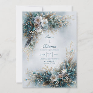 Elegant Teal Blue Floral Gold Feather Wedding Invitation