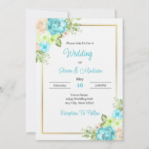Elegant Teal Blue Floral Wedding Invitation