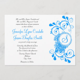 Elegant Teal Blue Flourish Monogram Wedding Invite