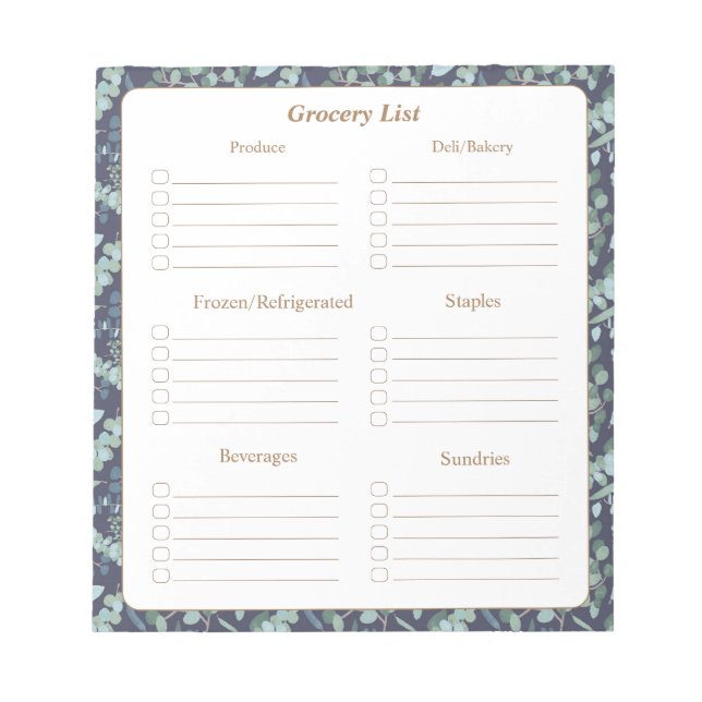 Elegant Teal Blue Foliage Grocery Shopping List Notepad (Front)