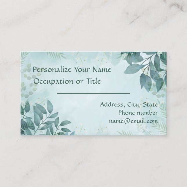 Elegant Teal Blue Foliage Nature Design Stylish Business Card (Front)