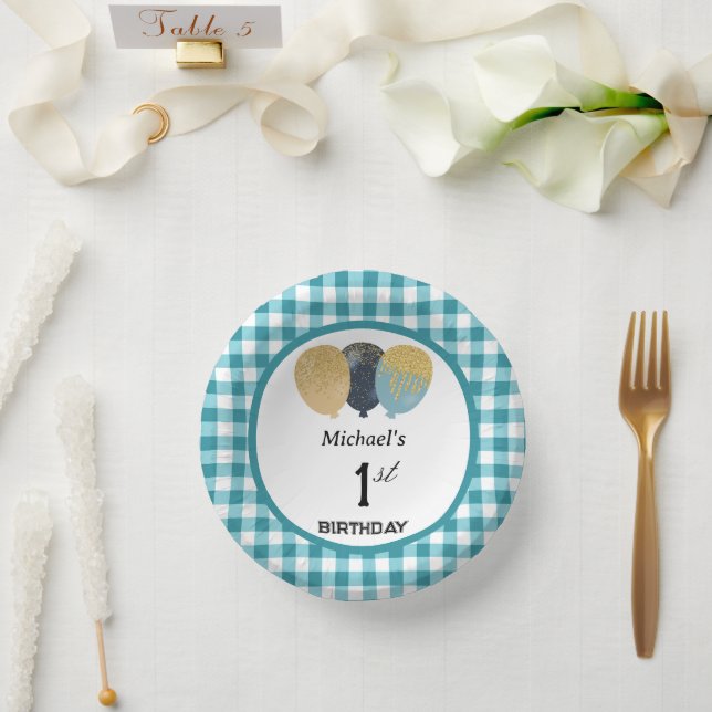 Elegant Teal Blue Gingham & Balloons 1st Birthday Paper Plate (Wedding)