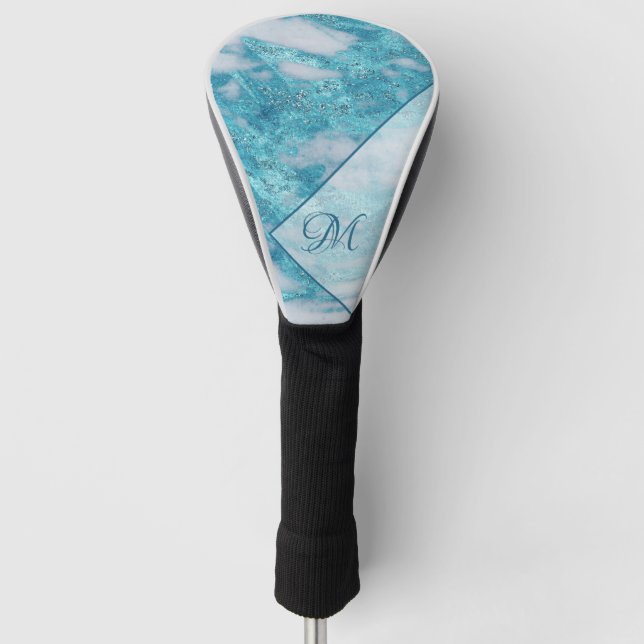 Elegant Teal Blue Glitter Bling Geometric Monogram Golf Head Cover (Front)