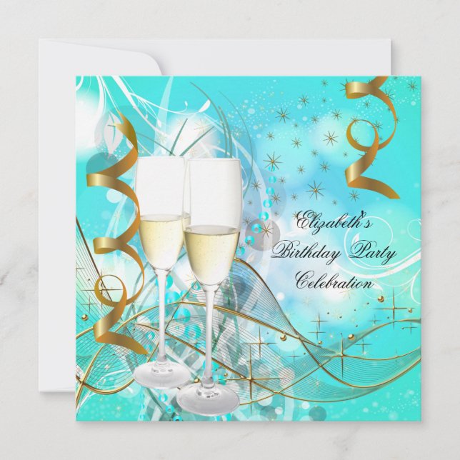 Elegant Teal Blue Gold Birthday Party Champagne Invitation (Front)