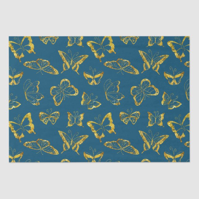 Elegant Teal Blue Gold Butterflies  Tissue Paper (Front)