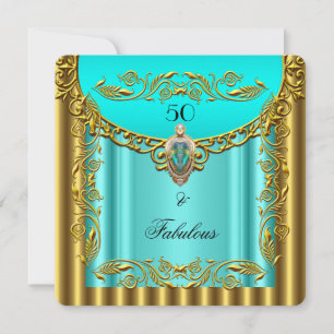 Elegant Teal Blue Gold Fabulous 50th Birthday 3 Invitation