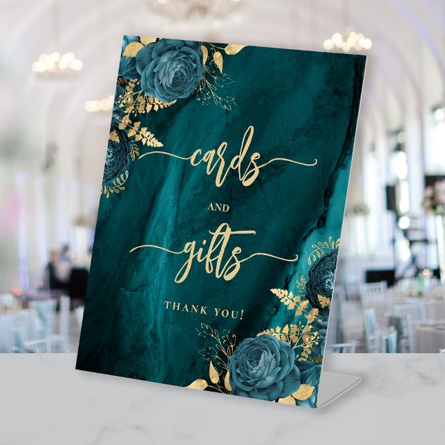 Elegant Teal Blue Gold Floral Wedding Cards Gifts Pedestal Sign (Creator Uploaded)