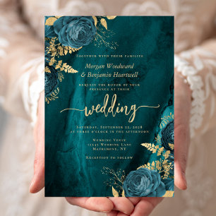 Elegant Teal Blue Gold Floral Wedding Invitation